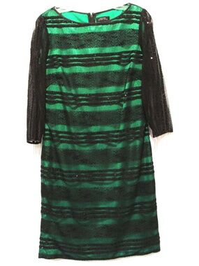 Tahari Sheer Black on Green Sequined Cocktail Dress, Size 4